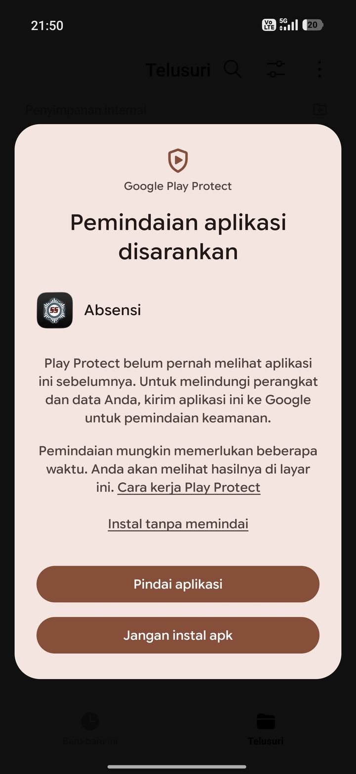 Notifikasi Google Play Protect saat membuka file APK